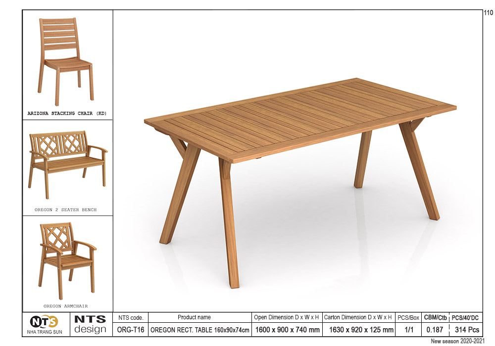 OREGON RECT. TABLE 160 x 90 x 74cm