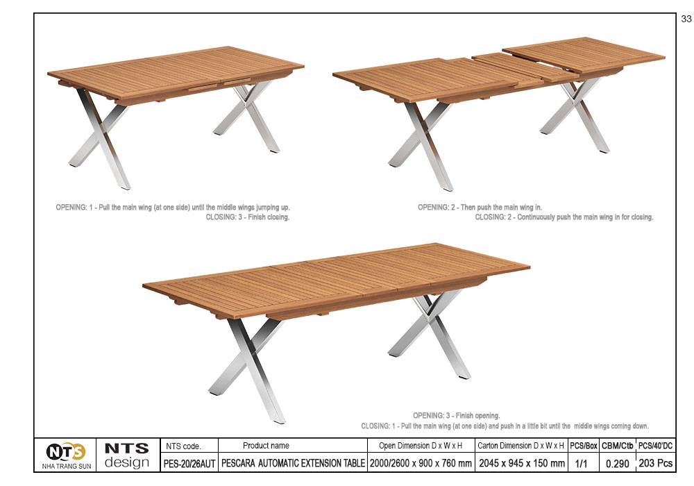 PESCARA AUTOMATIC EXTENSION TABLE 200/260 x 90 x 76cm